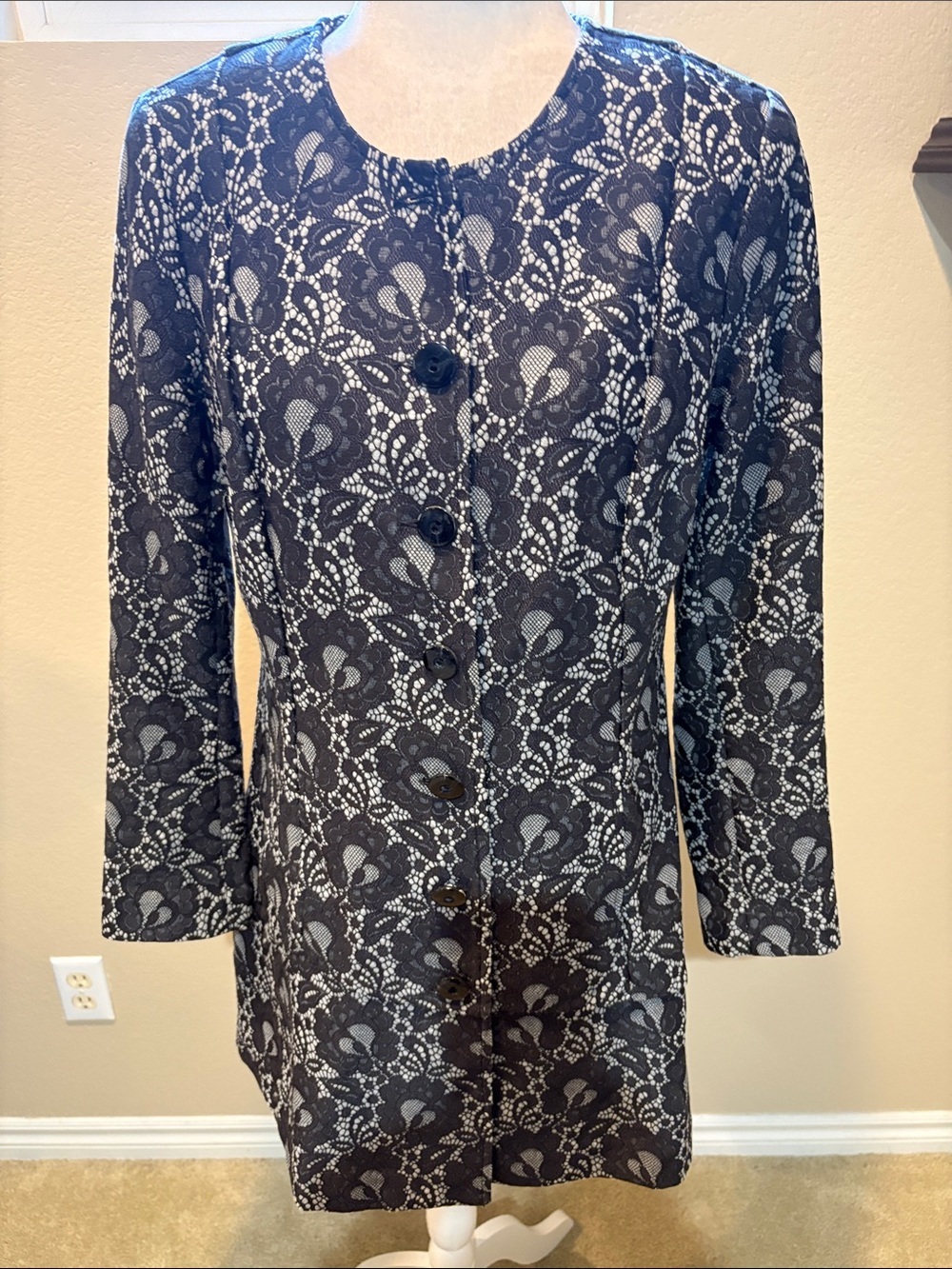 CAbi Black and Gray Lace-Patterned Blazer Jacket